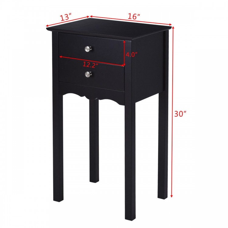 Vintage black side end table with two storage drawers, featuring elegant design and high gloss finish, ideal for any.